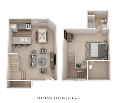 Floor plan for 1 bed, 1 bath, 642 sqft